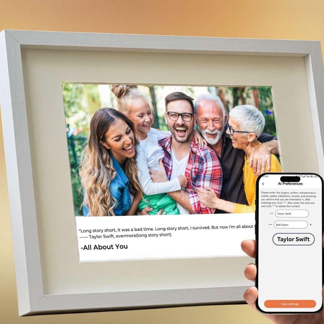 An informational graphic showing the iFramix Magazine Mode: an AI-driven process that transforms family photos into editorial-style masterpieces with personalized captions and designer layouts.