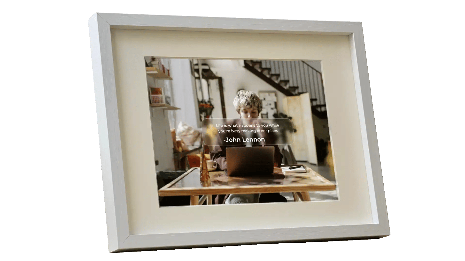 A high-quality GIF showing the iFramix dedicated iOS app running on a repurposed iPad, automatically cycling through multiple functional dashboards including a minimalist flip clock, real-time weather, and digital photo frame gallery.