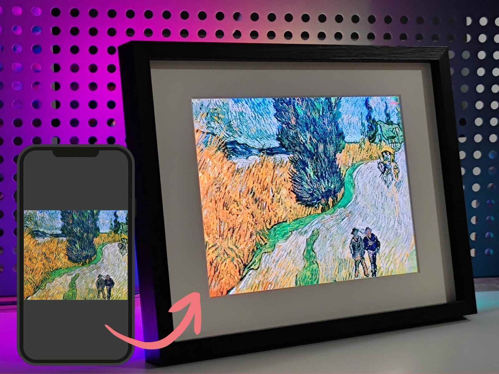 A smartphone interface showing the iFramix one-tap upload feature, wirelessly syncing a Van Gogh painting to a repurposed iPad mounted in a black wooden frame.