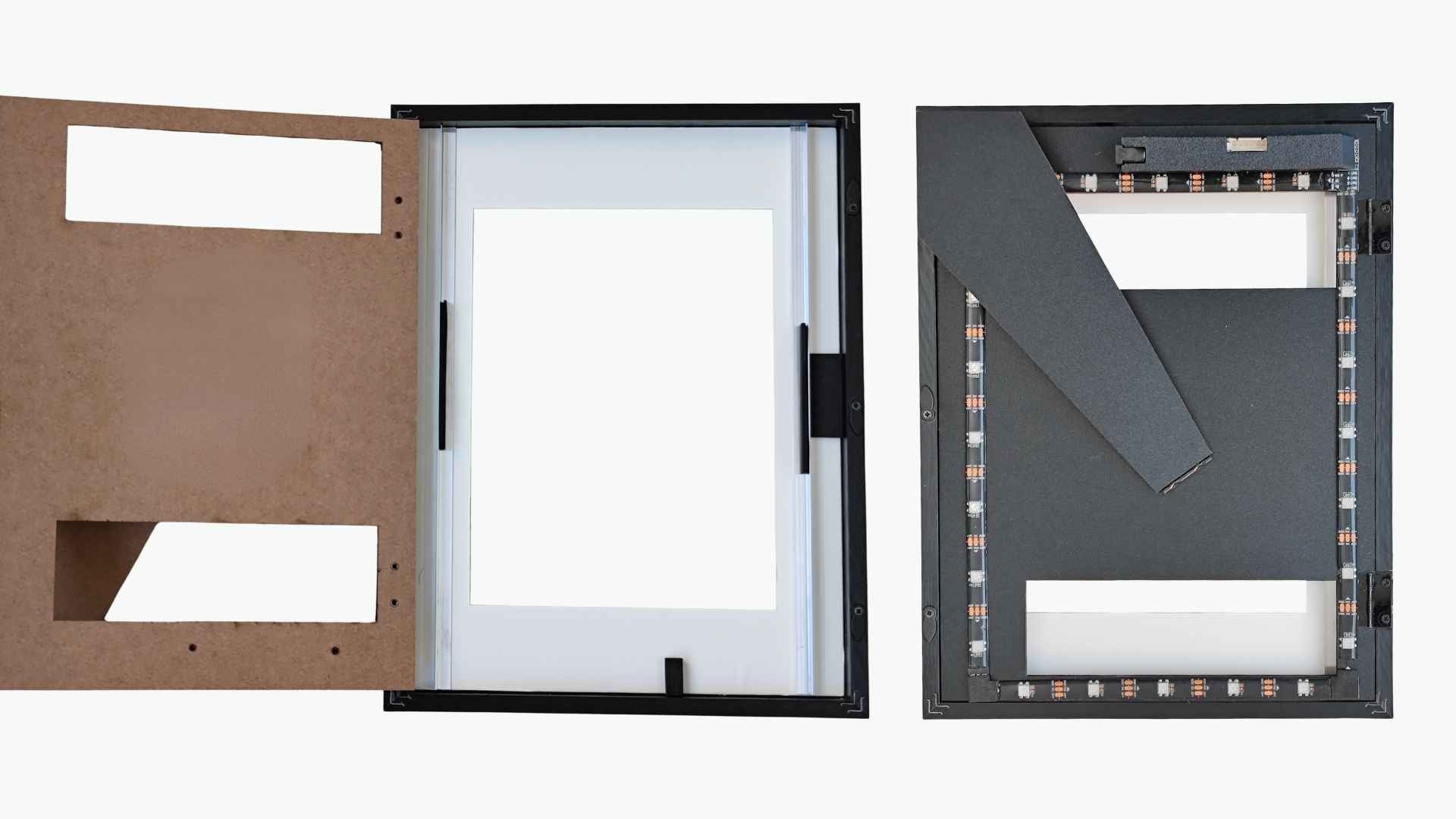 Interior and rear view of the iFramix Premium Frame Kit showing the easy-open design and internal adjustable frame for iPad repurposing.