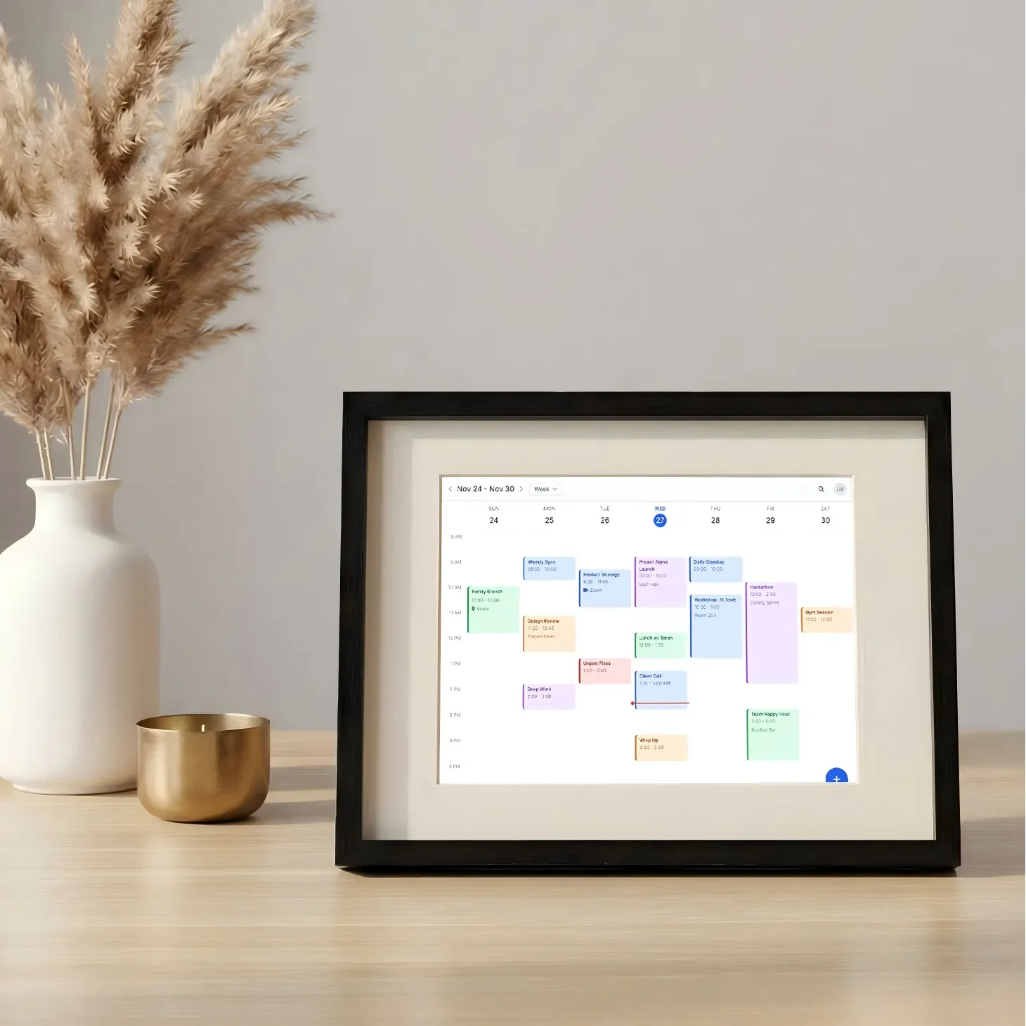 A repurposed iPad in an iFramix black wooden frame functioning as a Smart Calendar, syncing with iOS and Google schedules to provide a clear, color-coded daily and monthly view.