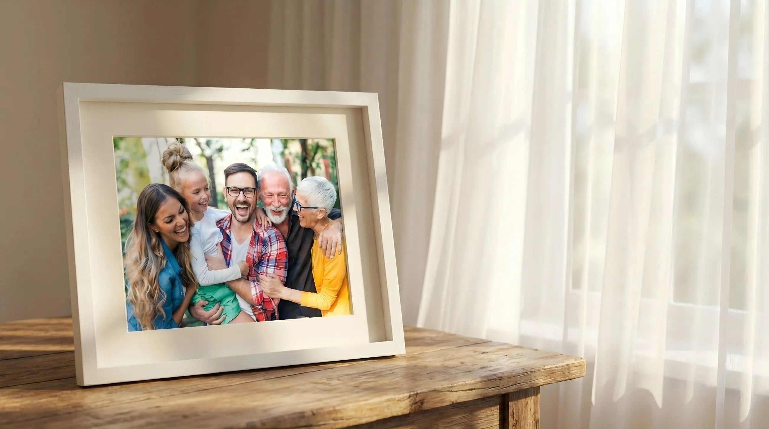 Premium iFramix wooden smart frame kit repurposing an idle tablet to display a vibrant family portrait in a bright living room setting.