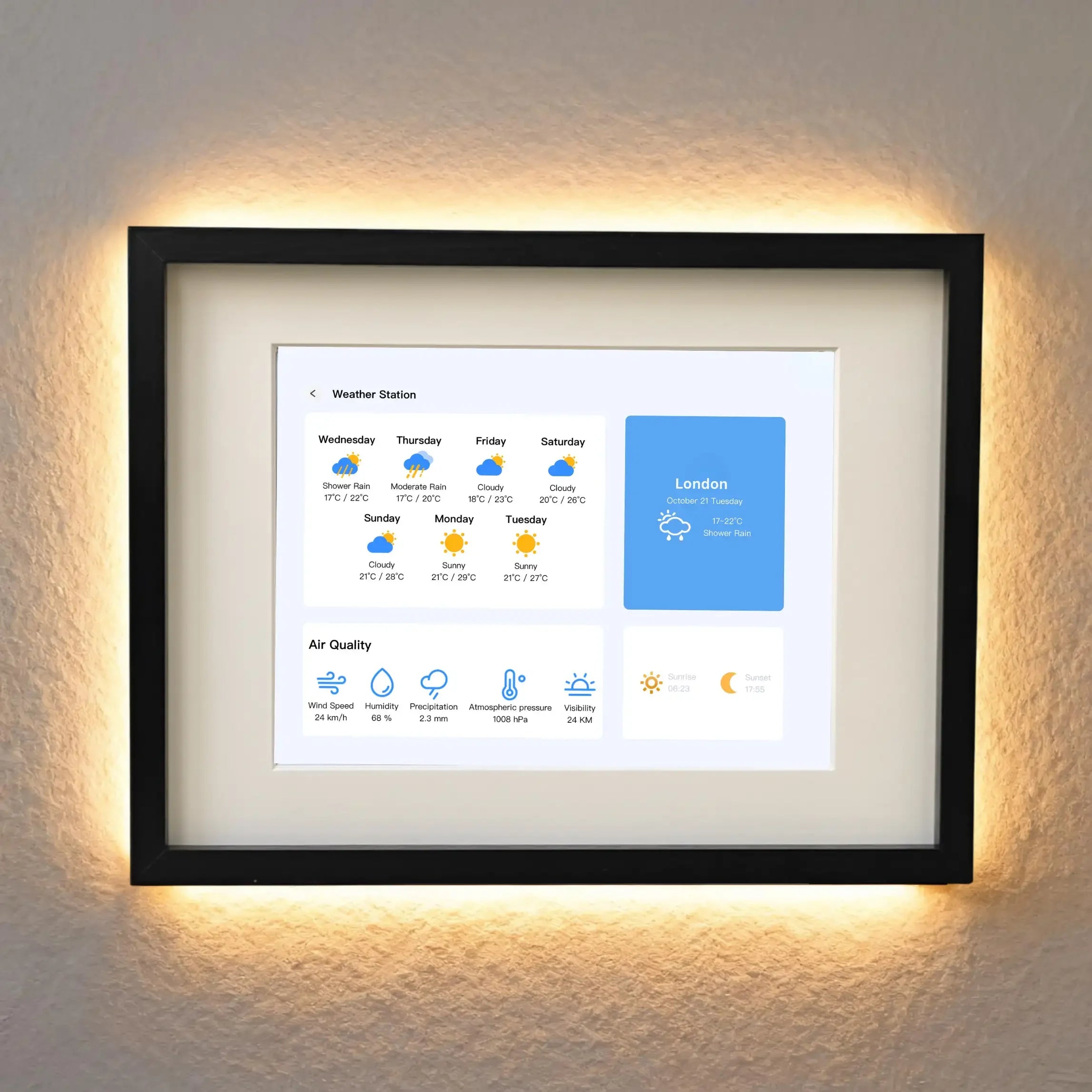 An iFramix smart frame displaying a real-time weather station dashboard on a repurposed iPad, including local forecasts, temperature, and air quality index with an ambient halo backlight.